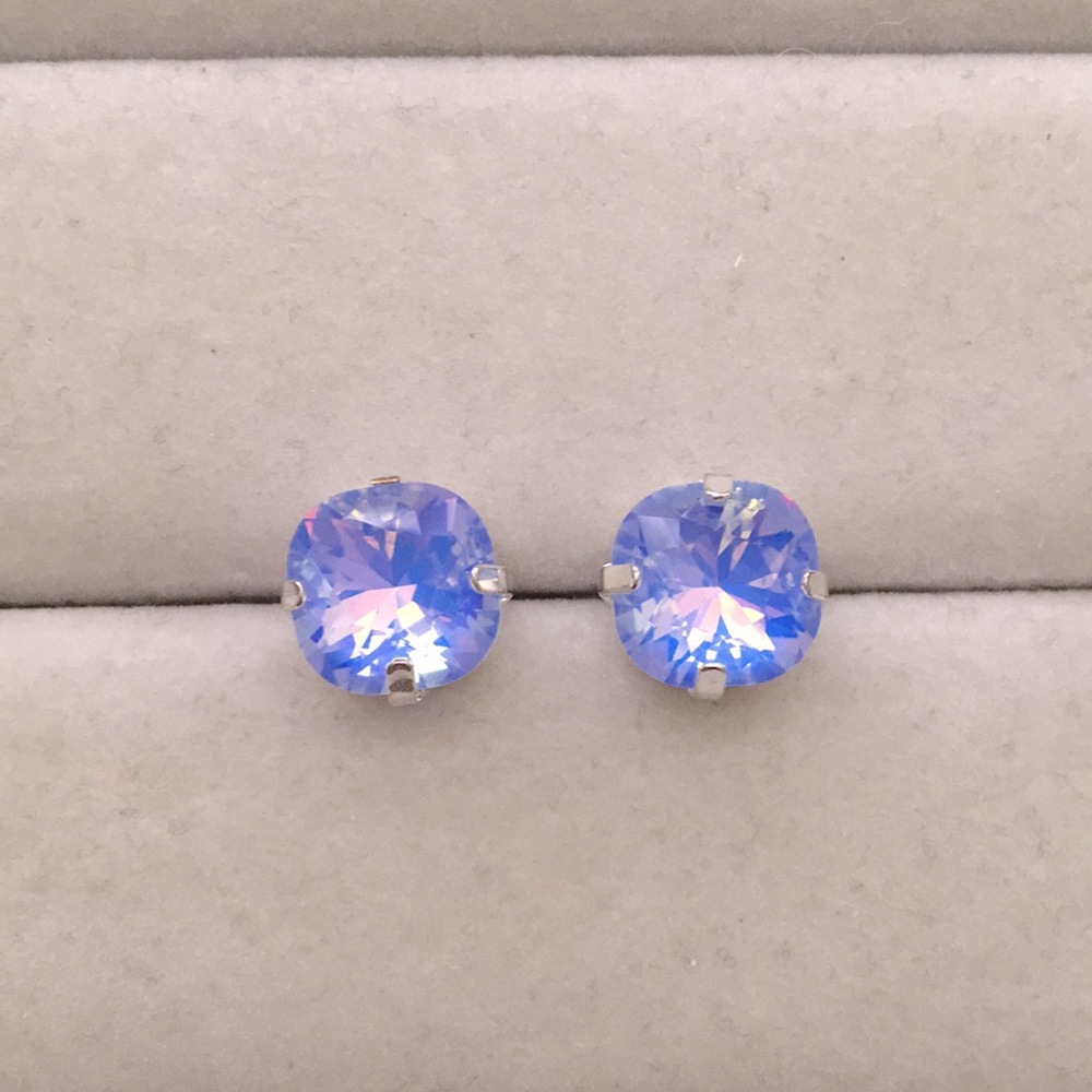 Periwinkle Blue-Purple Opal Aurora Borealis+Silver Cushion Cut Crystal Earrings